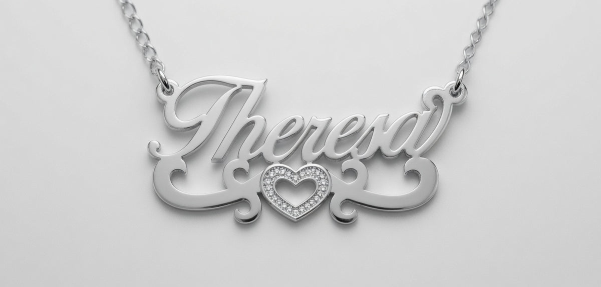 Personalized Script Name Necklace with Open Heart Scroll