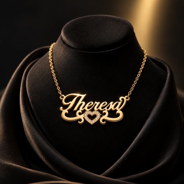 Personalized Script Name Necklace with Open Heart Scroll