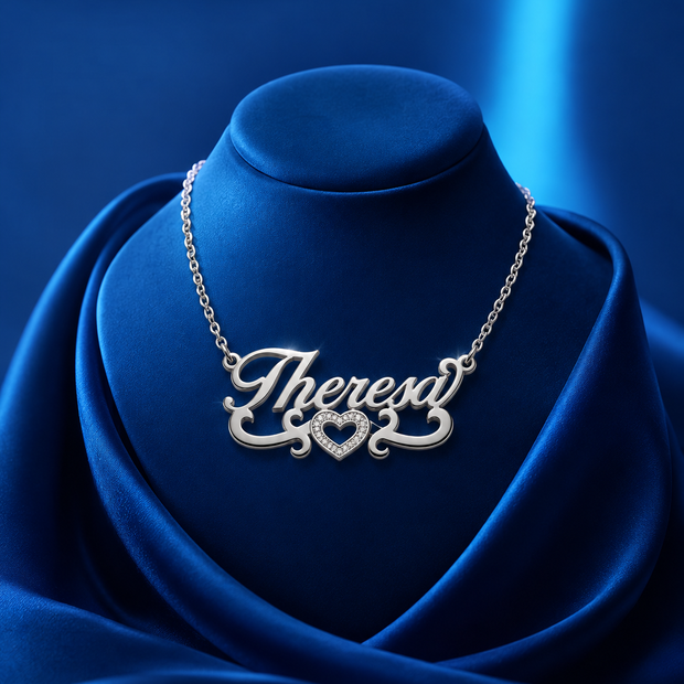 Personalized Script Name Necklace with Open Heart Scroll
