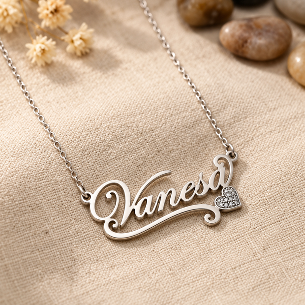 Personalized Script Name Necklace with Sweeping Heart Tail
