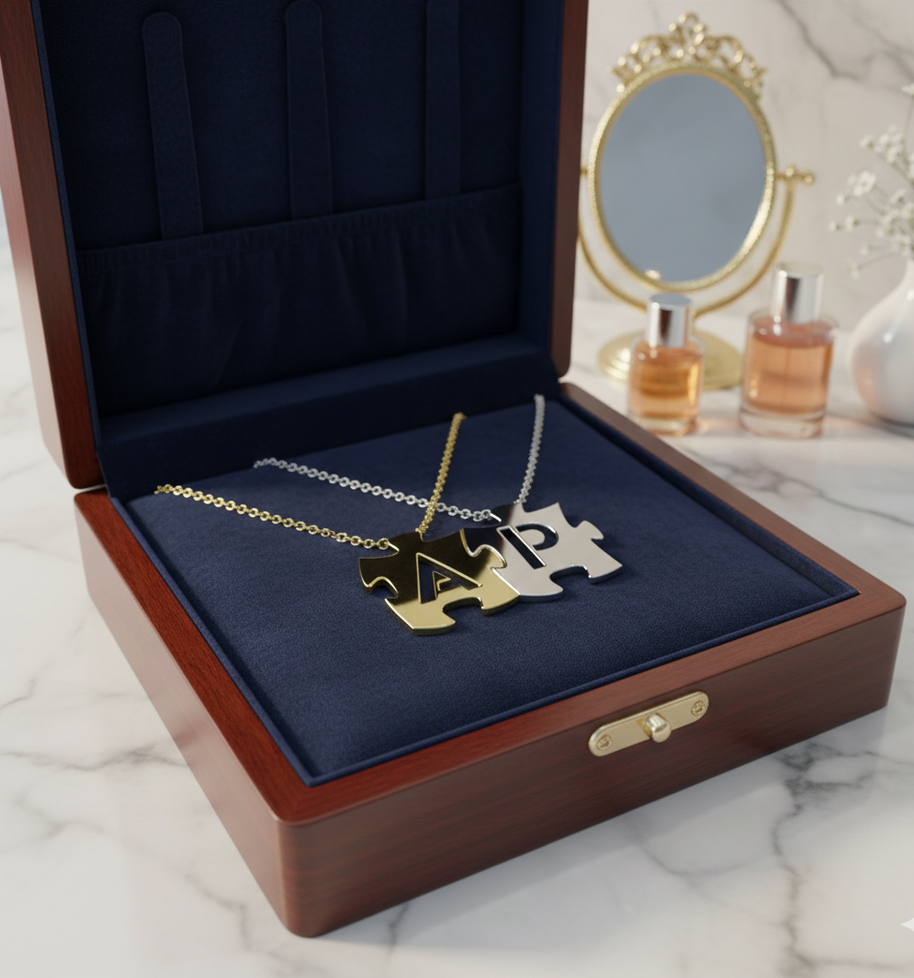 Puzzle Initials Necklace - Personalized Initial in Sterling Silver or Gold Plated Sterling Silver