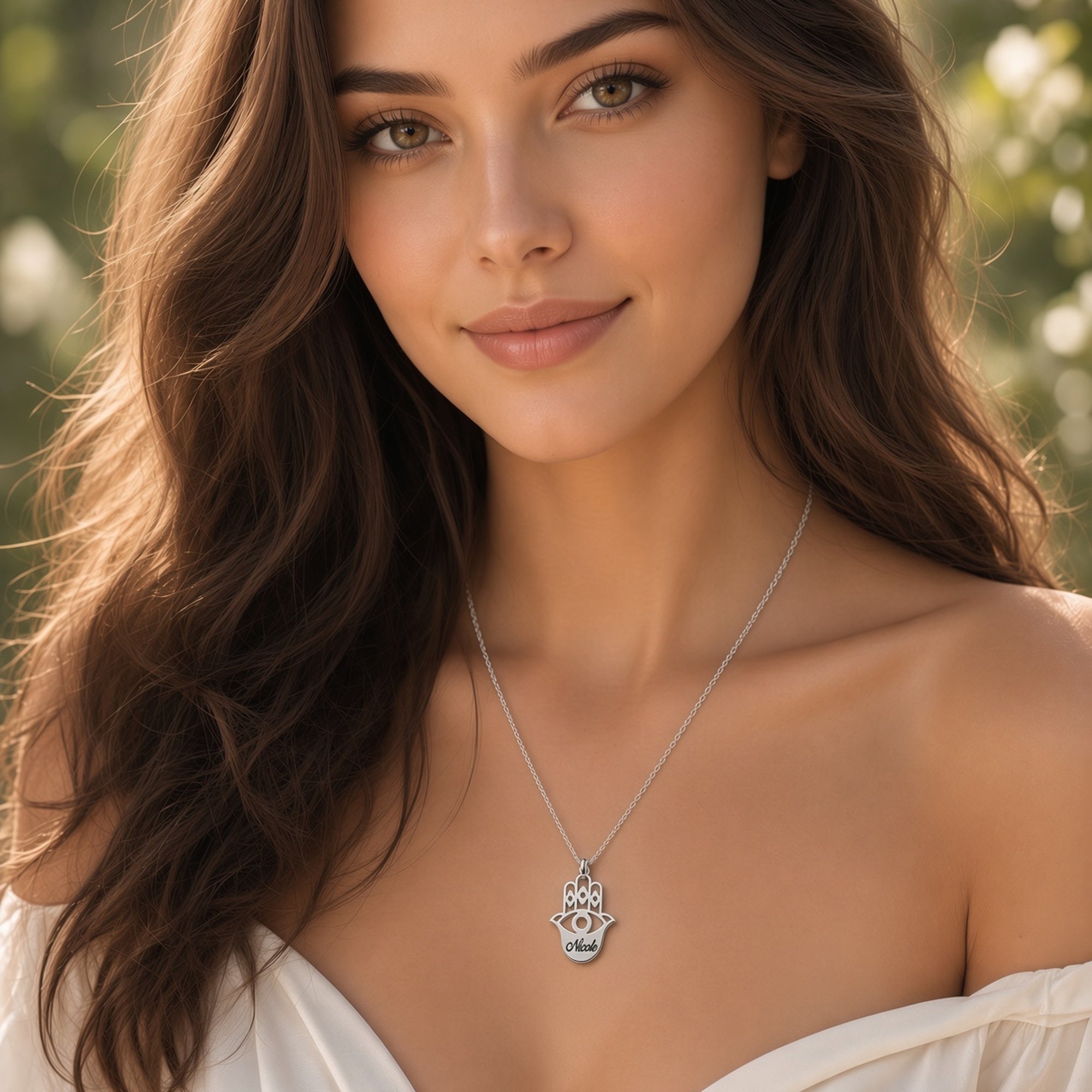 Hamsa Name Necklace - Sterling Silver worn by model