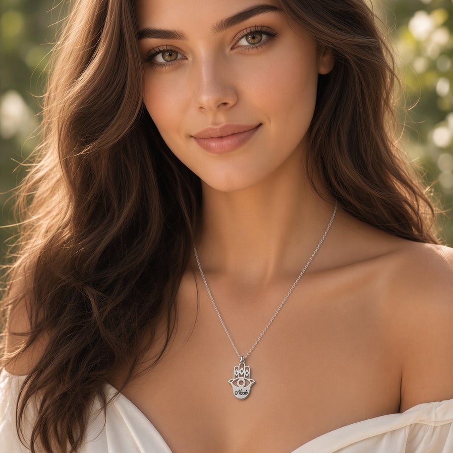 Hamsa Name Necklace - Sterling Silver worn by model