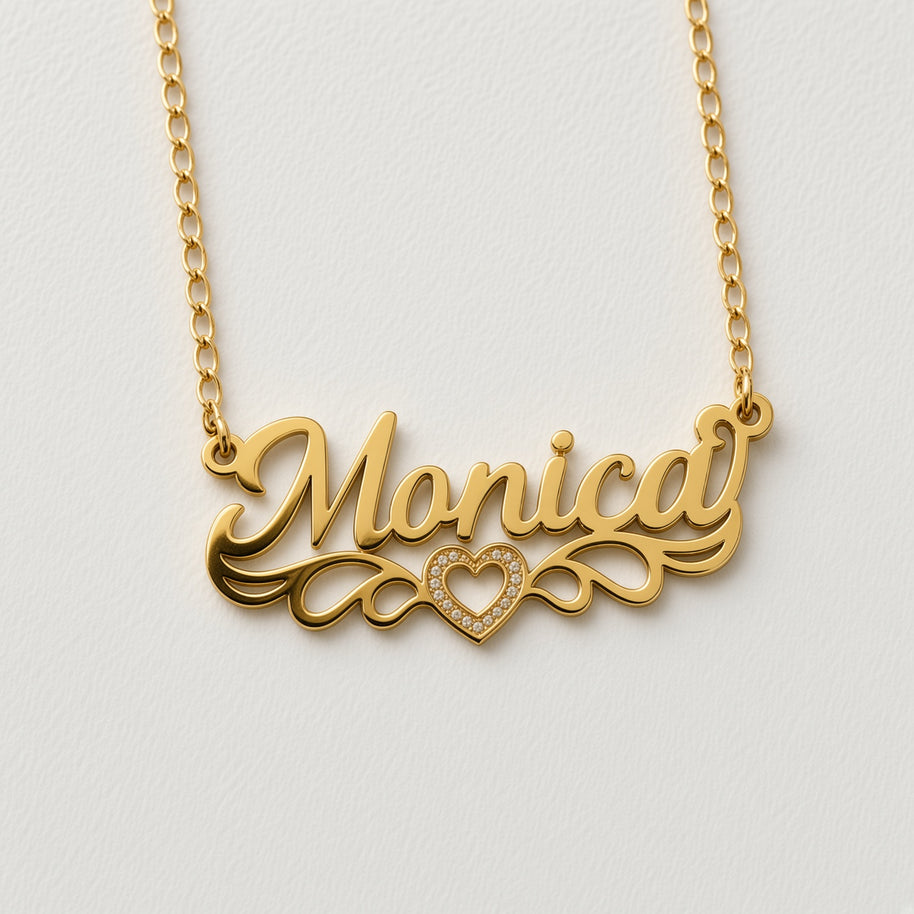 Personalized Script Name Necklace with Scroll Flourish and Beaded Heart