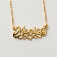 Personalized Script Name Necklace with Scroll Flourish and Beaded Heart