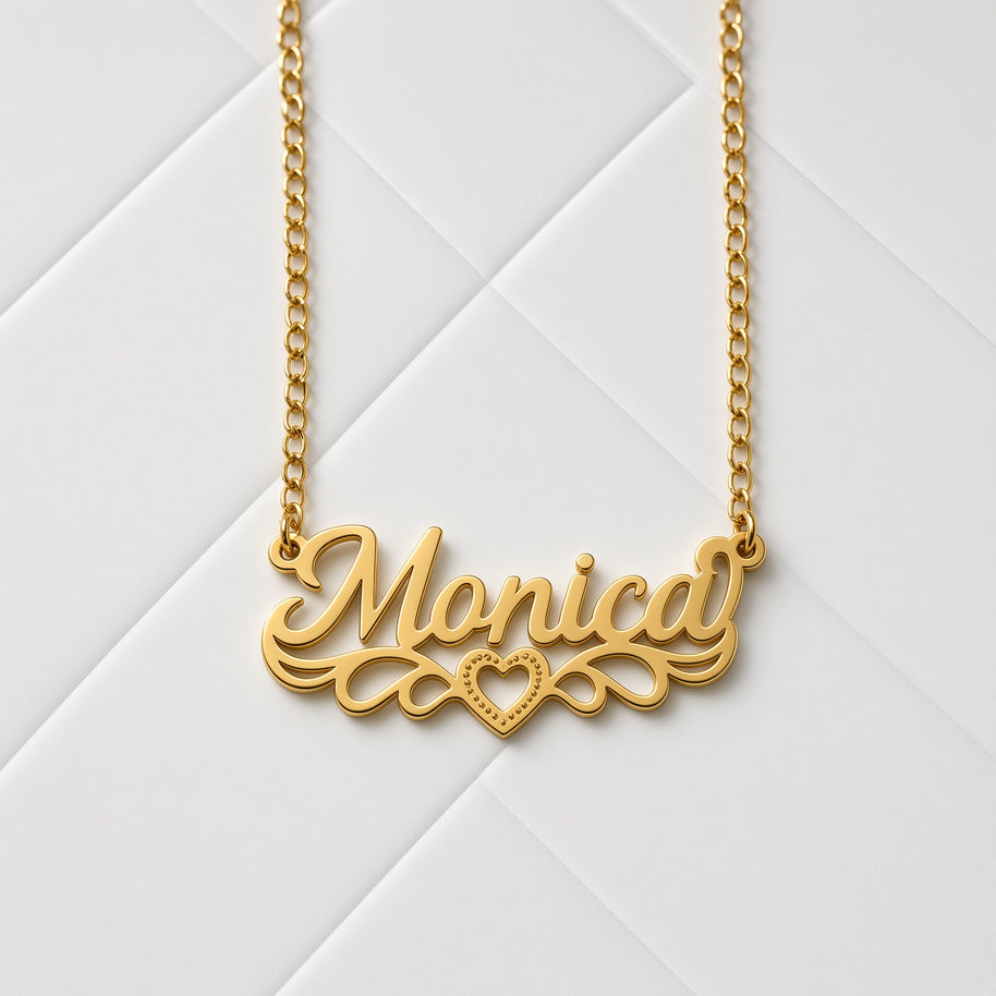 Personalized Script Name Necklace with Scroll Flourish and Beaded Heart