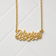 Personalized Script Name Necklace with Scroll Flourish and Beaded Heart