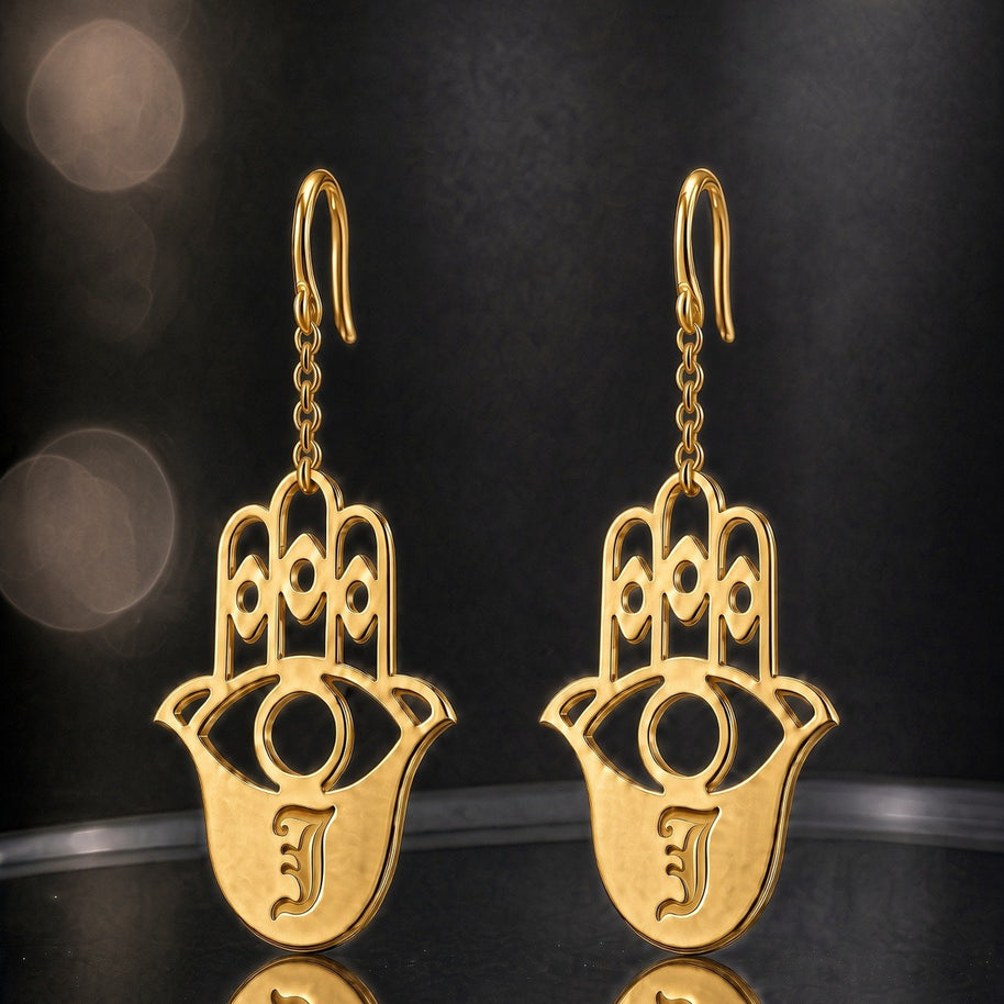 Hamsa Personalized Initial Earrings, Regular, Large or Drop