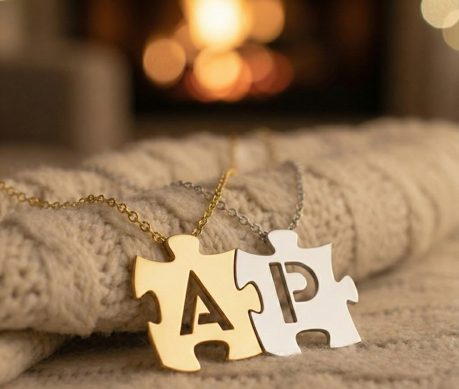 Puzzle Initials Necklace - Personalized Initial in Sterling Silver or Gold Plated Sterling Silver