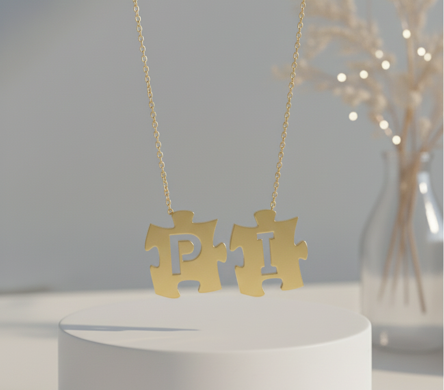 Puzzle Initials Necklace - Personalized Initial in Sterling Silver or Gold Plated Sterling Silver