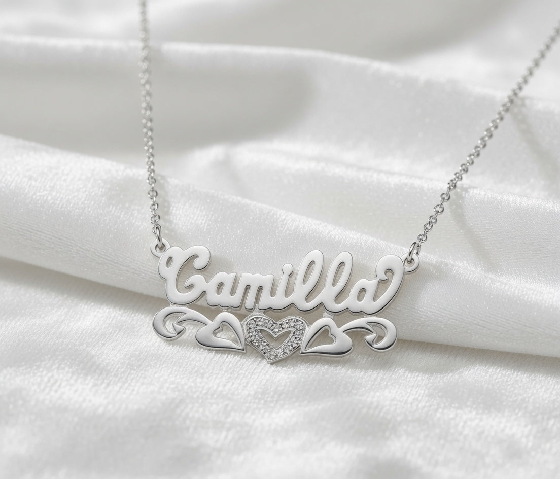 Beaded Double 3-D Name Necklace Sterling Silver/Gold Plated Sterling Silver