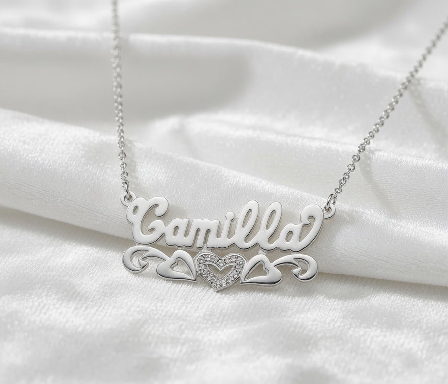 Beaded Double 3-D Name Necklace Sterling Silver/Gold Plated Sterling Silver