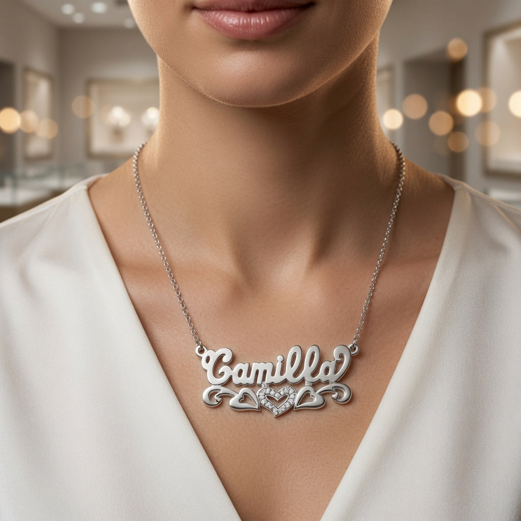 Beaded Double 3-D Name Necklace Sterling Silver/Gold Plated Sterling Silver