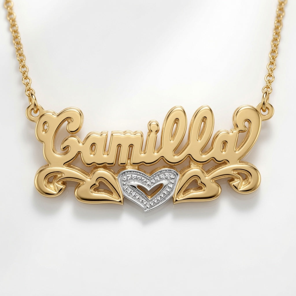 Beaded Double 3-D Name Necklace Sterling Silver/Gold Plated Sterling Silver