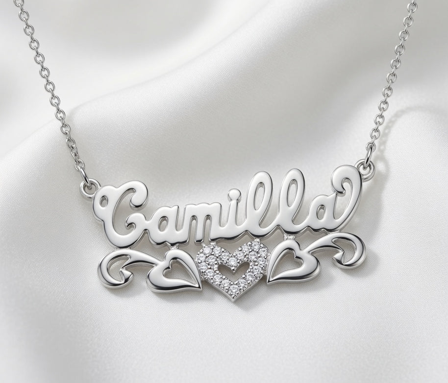 Beaded Double 3-D Name Necklace Sterling Silver/Gold Plated Sterling Silver