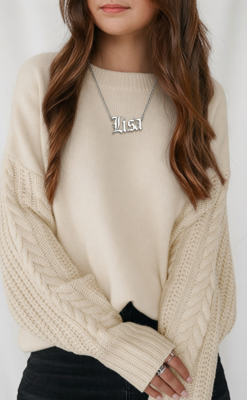 Old English Double Nameplate Necklace | Sterling Silver, USA