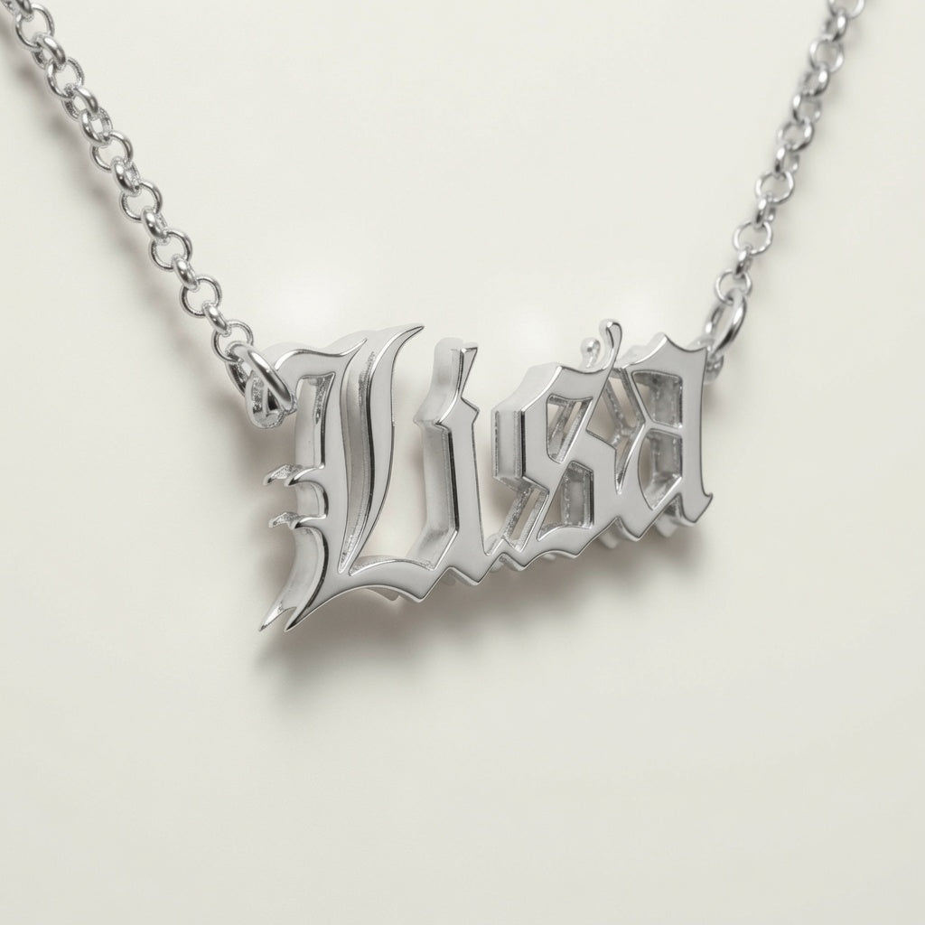 Old English Double Nameplate Necklace | Sterling Silver, USA