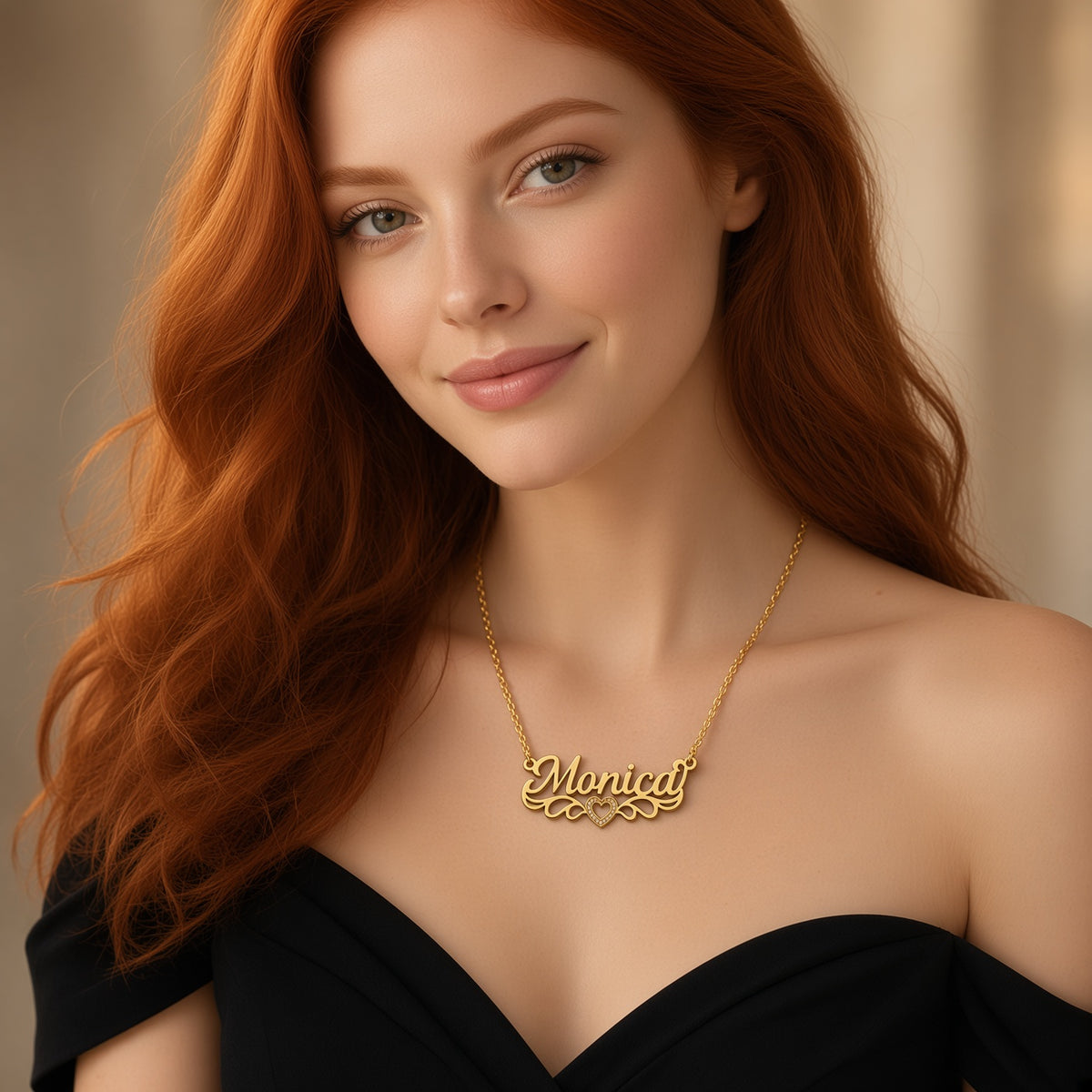 Personalized Script Name Necklace with Scroll Flourish and Beaded Heart