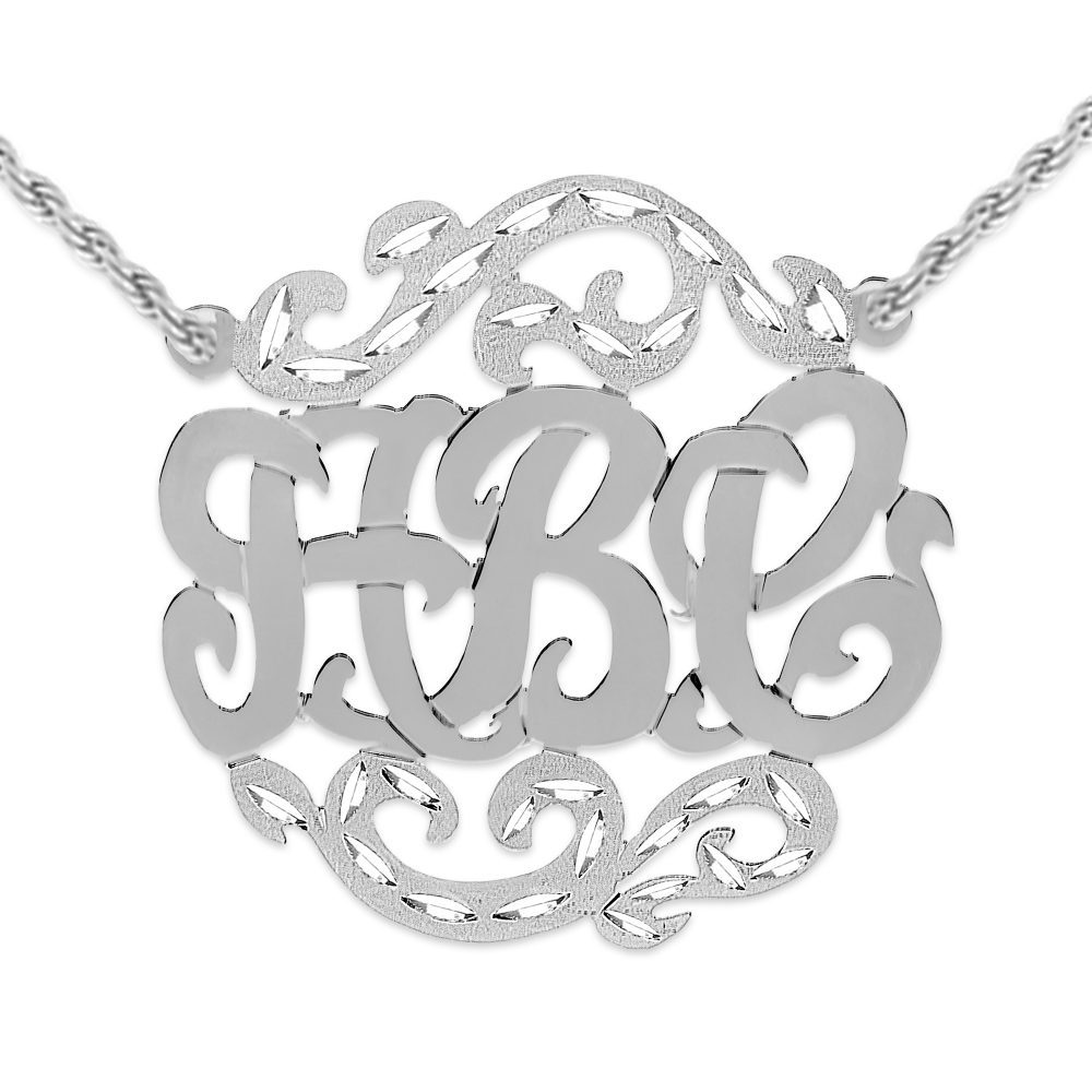 Satin Diamond Cut Monogram Necklace - Sterling Silver