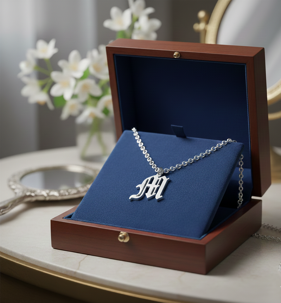 Old English Initial Necklace in Sterling Silver or Gold Plated Sterling Silver - Personalized Initial