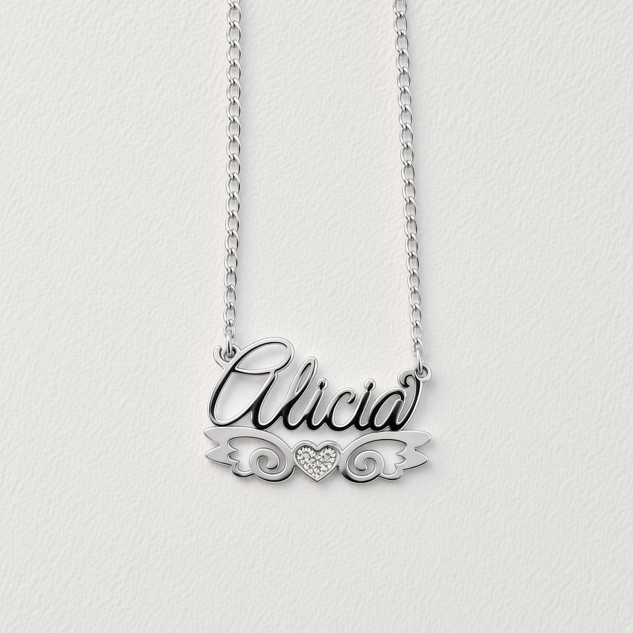 Personalized Angel Wings Name Necklace with Beaded Heart