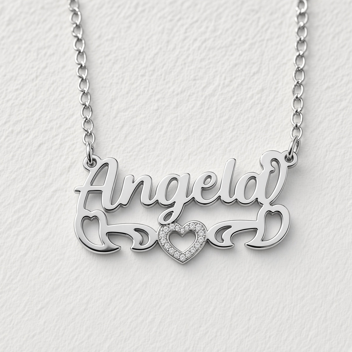 Personalized Bold Name Necklace with Open Heart Scroll