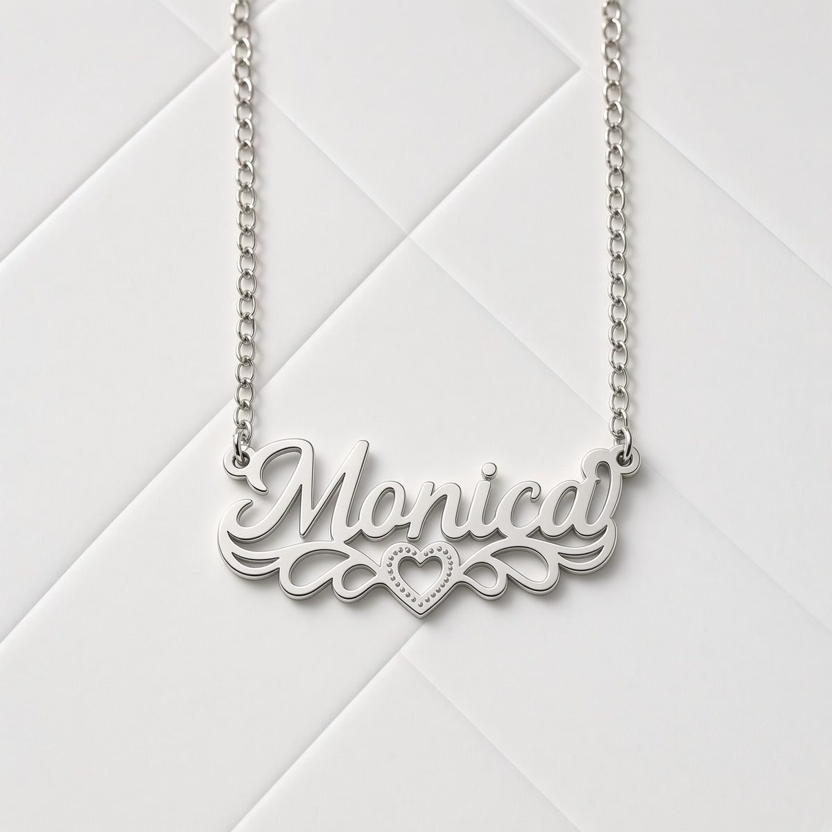 Personalized Script Name Necklace with Scroll Flourish and Beaded Heart