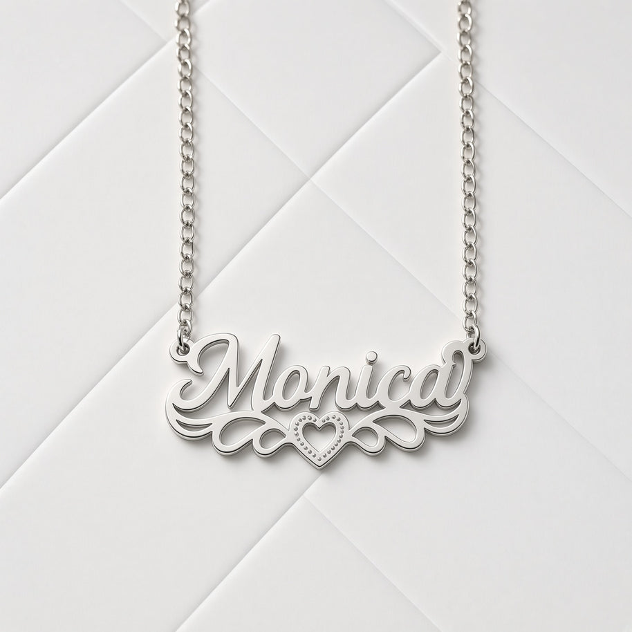 Personalized Script Name Necklace with Scroll Flourish and Beaded Heart