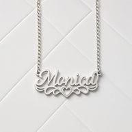 Personalized Script Name Necklace with Scroll Flourish and Beaded Heart
