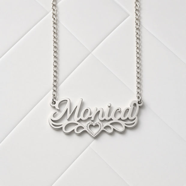 Personalized Script Name Necklace with Scroll Flourish and Beaded Heart