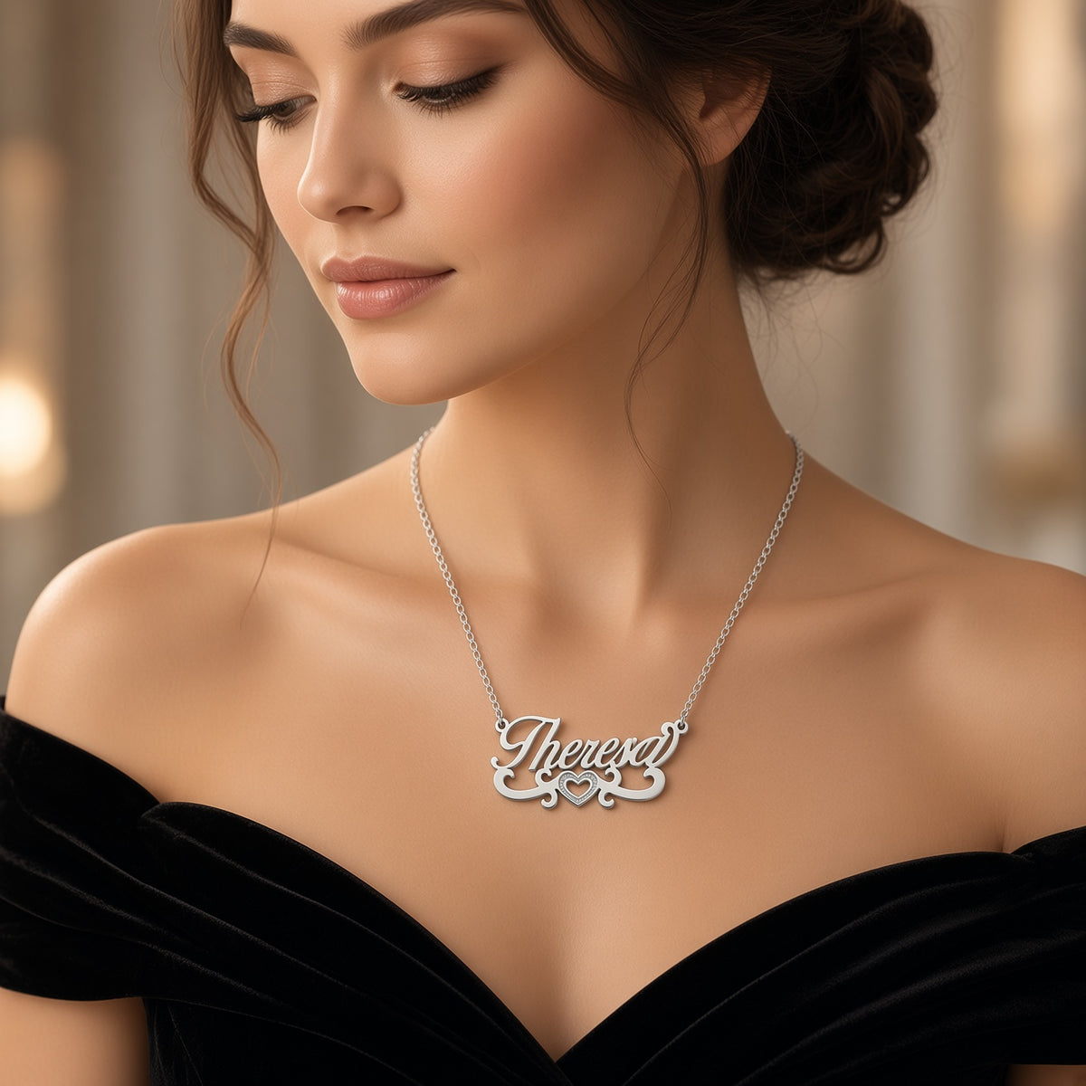 Personalized Script Name Necklace with Open Heart Scroll