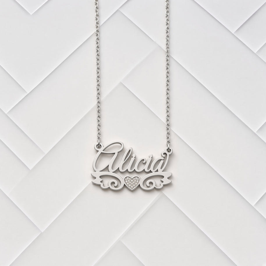 Personalized Angel Wings Name Necklace with Beaded Heart