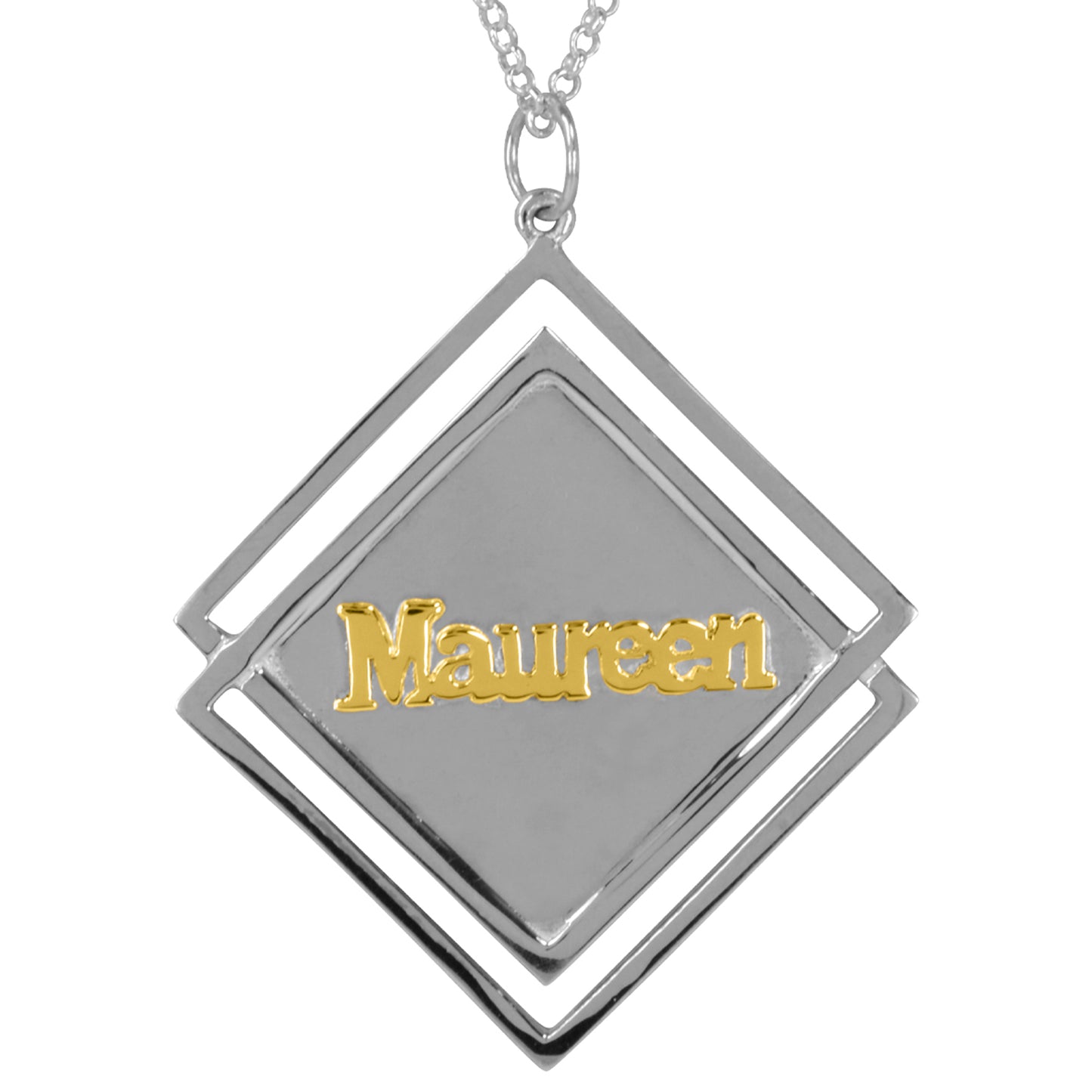 14kt Gold or 14kt Rose Gold Name on a Sterling Silver Diamond Shape Pendant