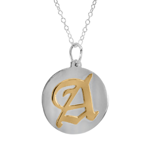 14kt Gold Personalized Gothic Initial Pendant on a Sterling Disc