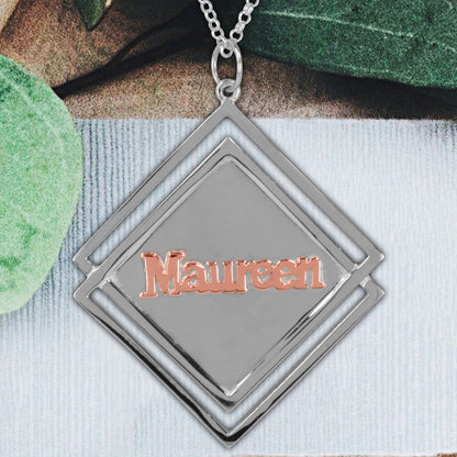 14kt Gold or 14kt Rose Gold Name on a Sterling Silver Diamond Shape Pendant
