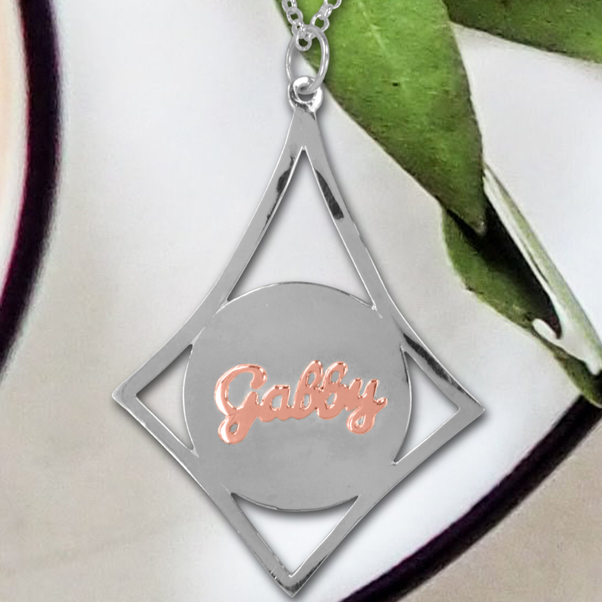 14kt Gold or 14kt Rose Gold Script Name Pendant on Sterling Silver