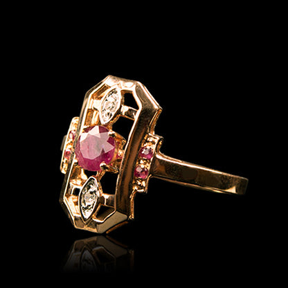 14kt Vintage Rose Gold Diamond and Ruby Ring