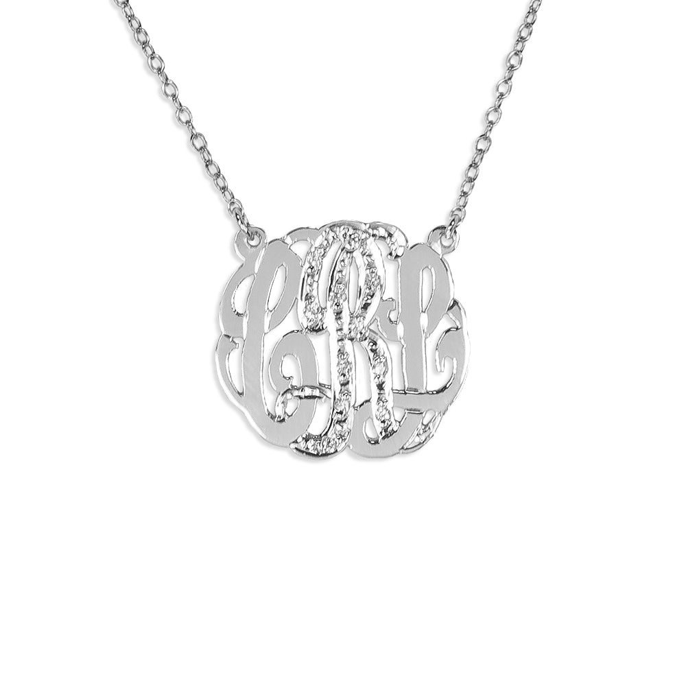 Hand Cut Silver CZ Accented Monogram Necklace