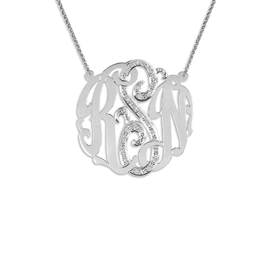 Silver Hand Cut Monogram Necklace with CZ Accents